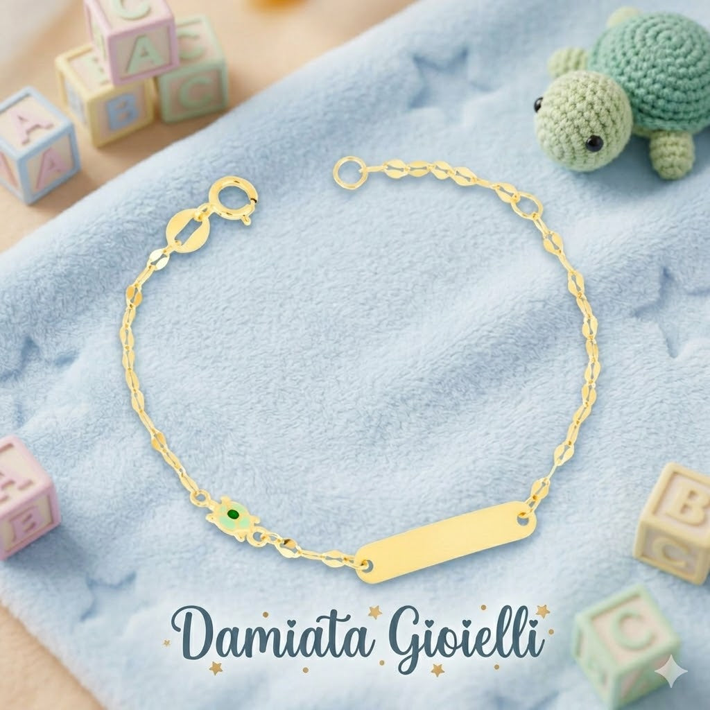 Bracciale con tartaruga per bambino IGOLD in oro giallo con targhetta incidibile B0T2TA