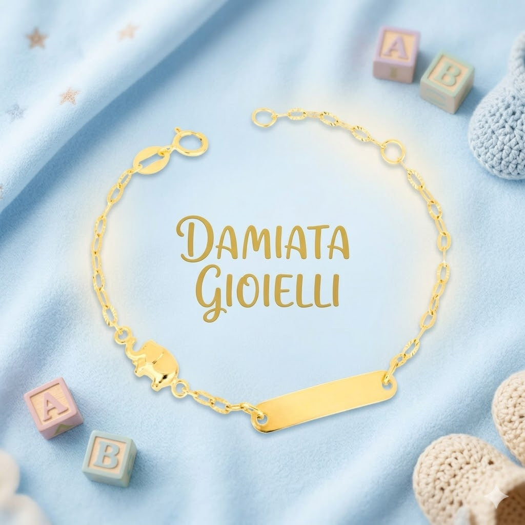 Bracciale con elefante per bambino IGOLD in oro giallo con targhetta incidibile B132OA