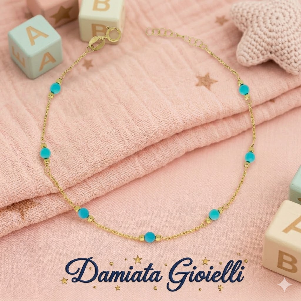 Bracciale bambina IGOLD in oro giallo e sfere di turchese BAF2GC