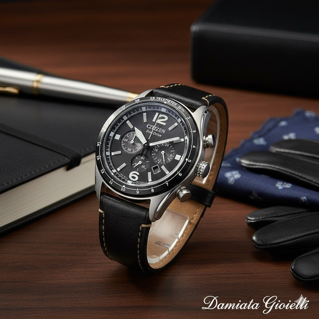 Orologio cronografo Citizen uomo "AVIATOR" in acciaio e pelle CA4654-04E
