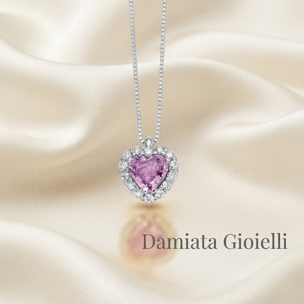 Collana a cuore donna Miluna in oro bianco, diamanti e zaffiro rosa ref. CLD4459