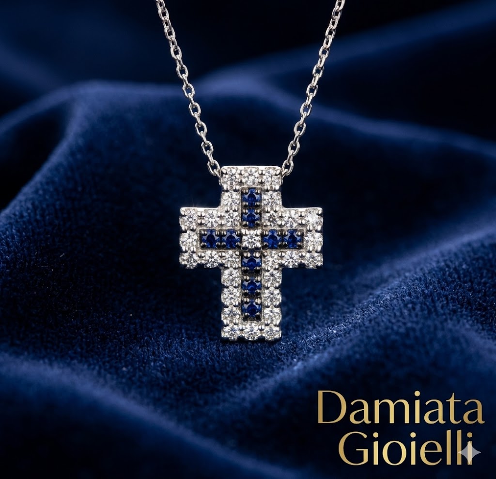 Collana con croce donna Lucciole Gioielli in oro bianco, diamanti e zaffiri CROCEP/1Z