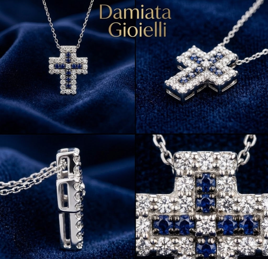 Collana con croce donna Lucciole Gioielli in oro bianco, diamanti e zaffiri CROCEP/1Z