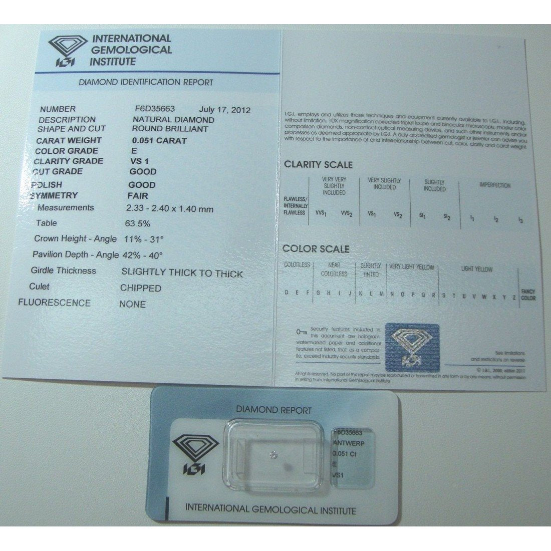 Diamante unisex in blister certificato IGI da 0,051 carati ref.F6D35663