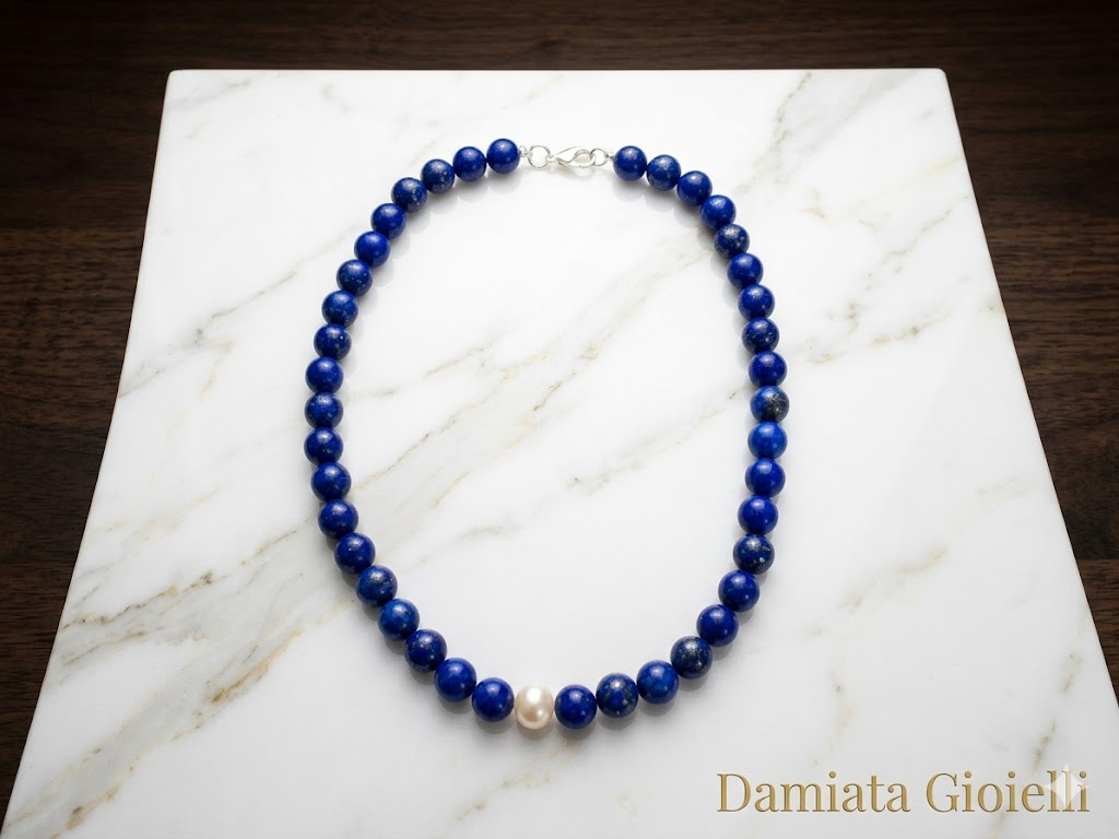 Collana donna Orelù filo di lapislazzulo e perla d'acqua dolce, chiusura in argento ref. FEEZXAZ