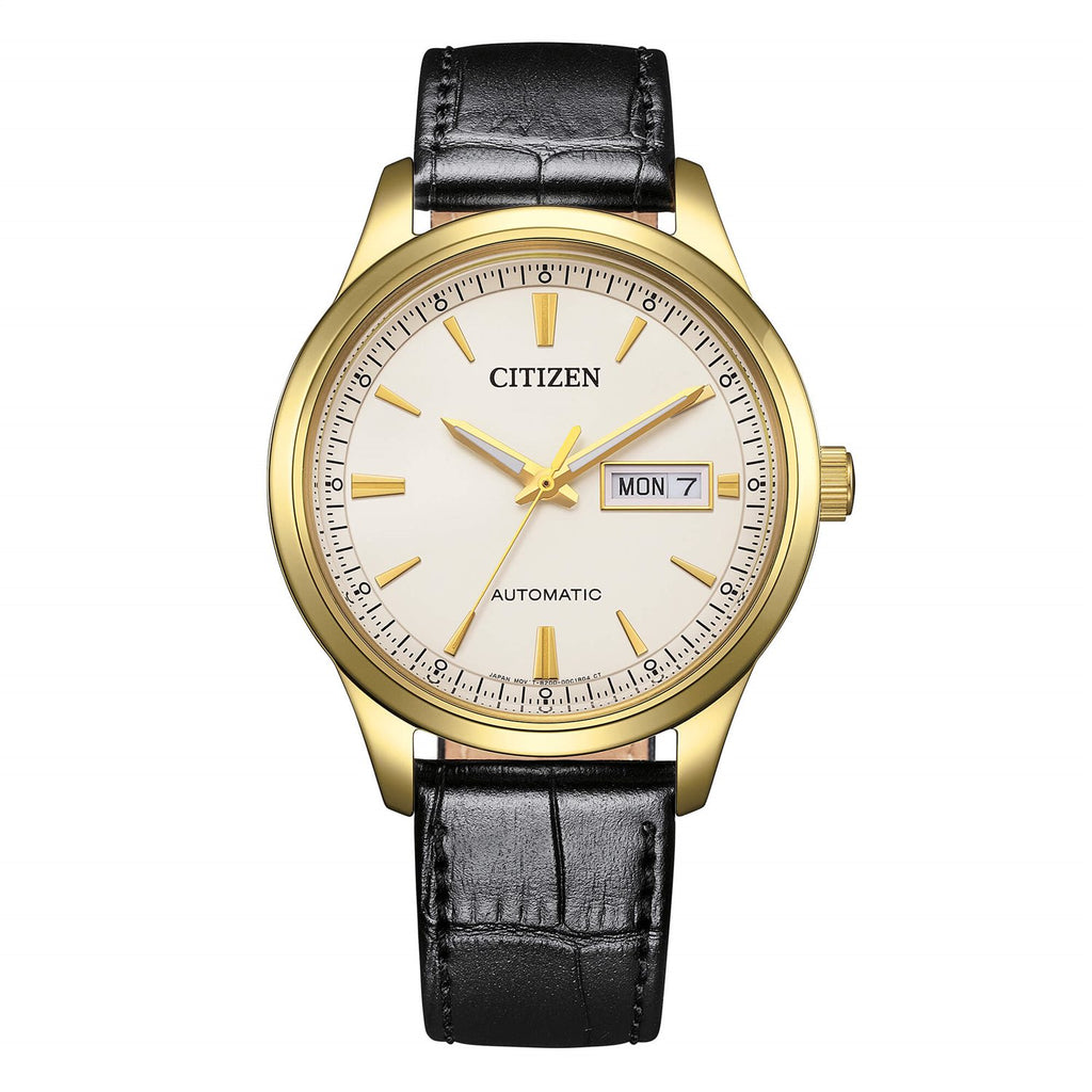 Orologio solo tempo Citizen uomo "OF" automatico in acciaio dorato e pelle NY4059-09A