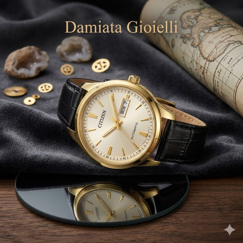 Orologio solo tempo Citizen uomo "OF" automatico in acciaio dorato e pelle NY4059-09A