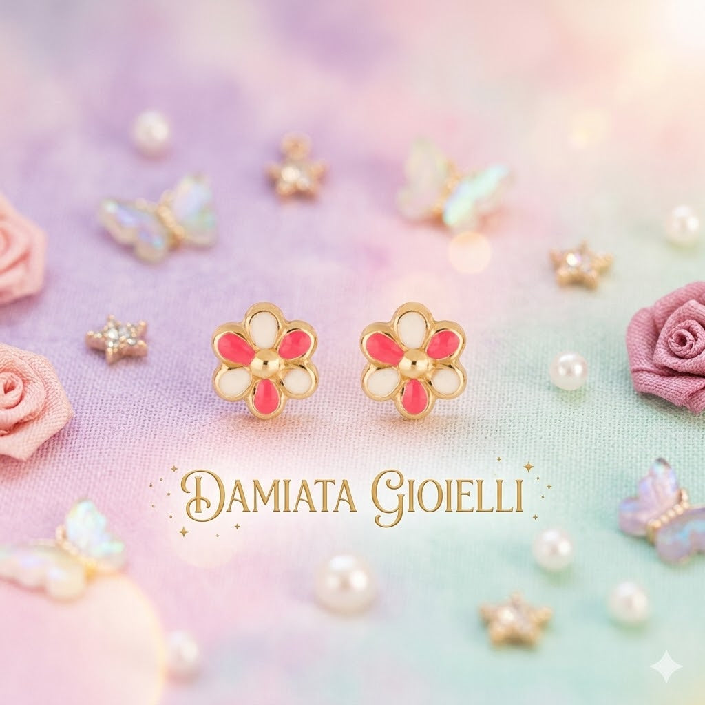 Orecchini che raffigurano dei fiori per bimba IGOLD in oro giallo smaltato O042TU