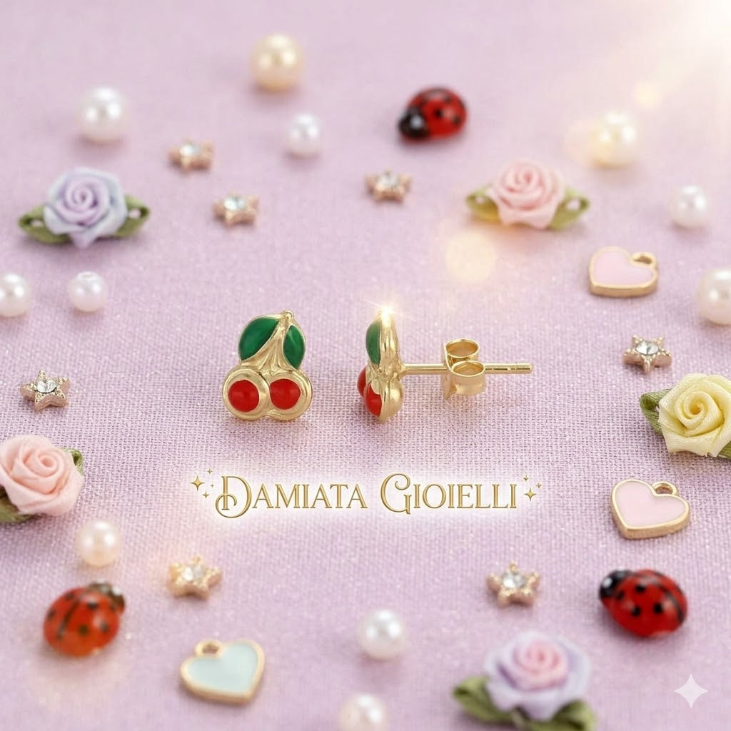 Orecchini che raffigurano delle ciliegie per bimba IGOLD in oro giallo smaltato O6S2TU