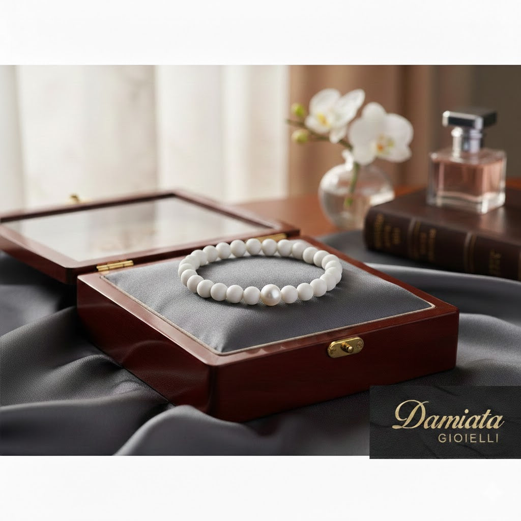Bracciale elastico donna Miluna in pasta di corallo bianco e perla PBR1804
