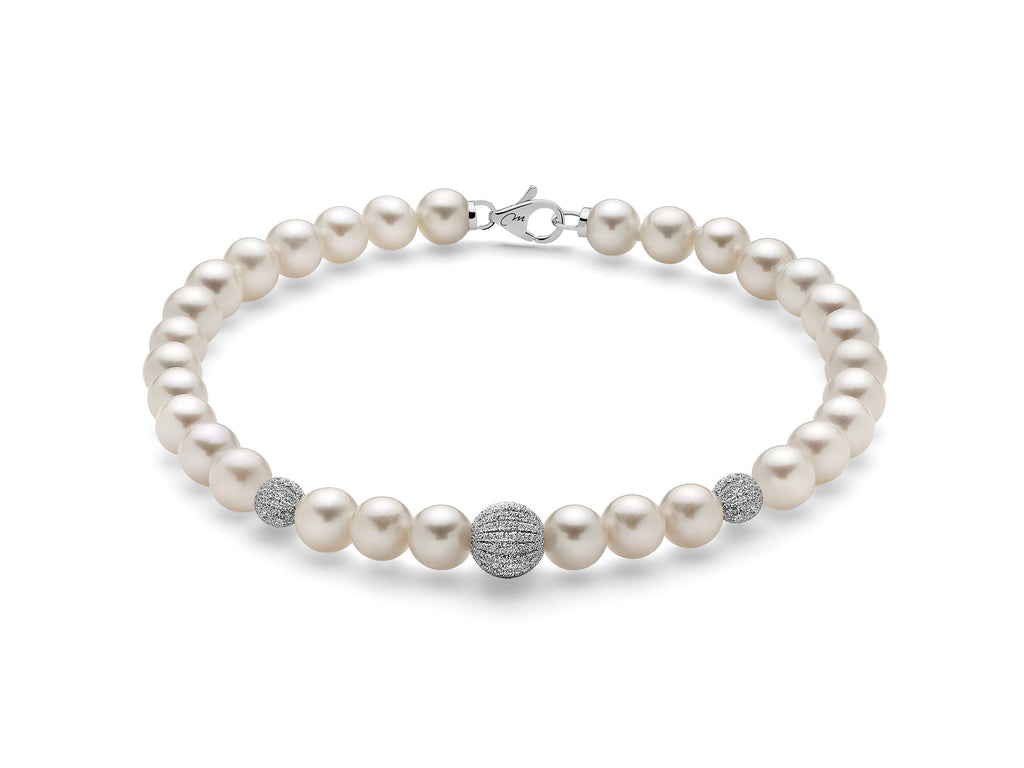 Bracciale filo di perle donna Miluna in oro bianco con tre boule ref. PBR2536V