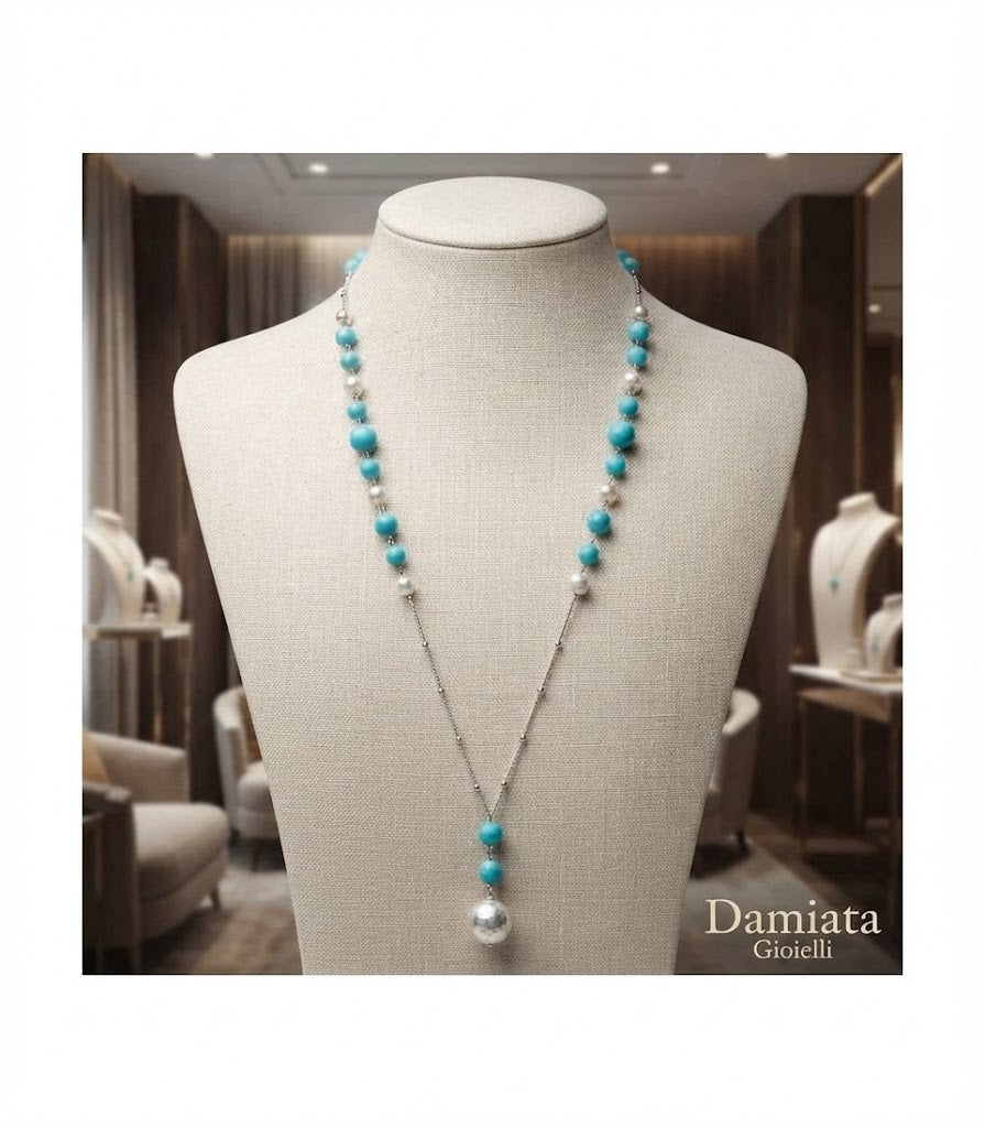 Collana lunga donna Miluna in argento, perle e turchese ref. PCL5821