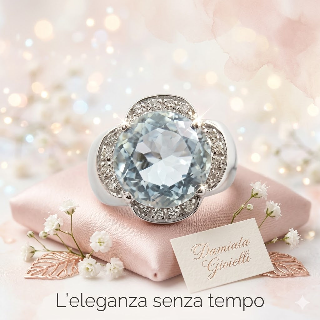 Anello fiore donna Recarlo in oro bianco, diamanti e acquamarina ZL729/B