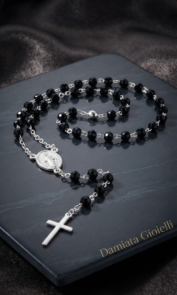 Collana rosario unisex 1ONE in acciao con perline nere ref. A2329