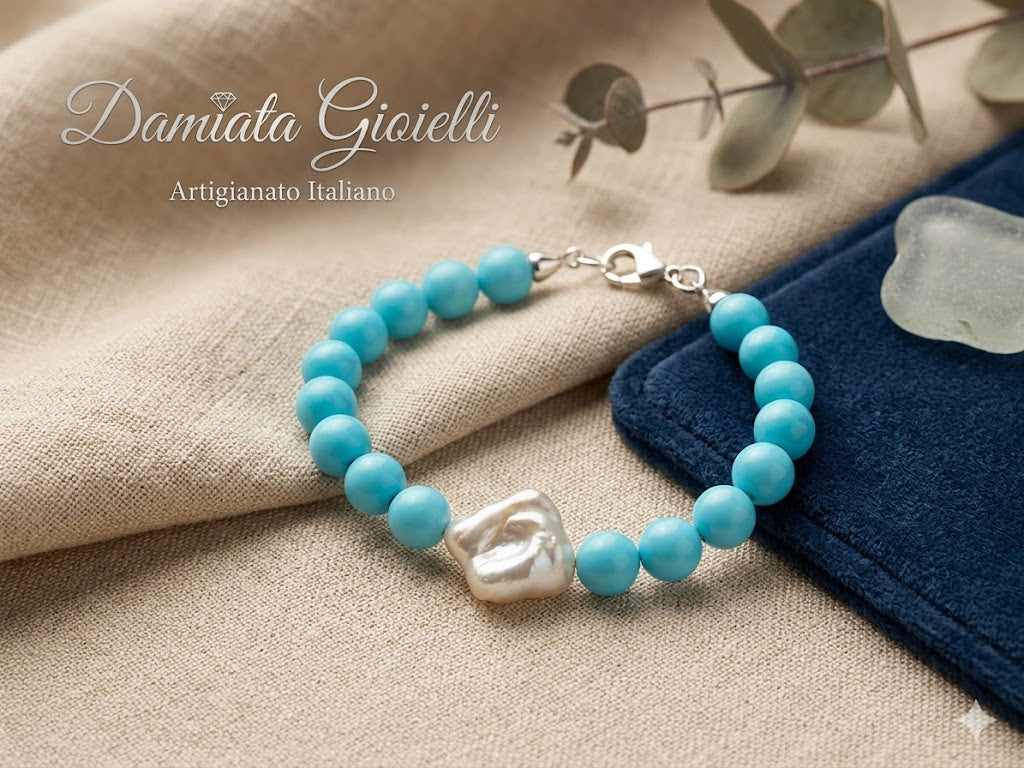 Bracciale donna Orelù filo di turchese e perla barocca, chiusura in argento ref. BRBAR
