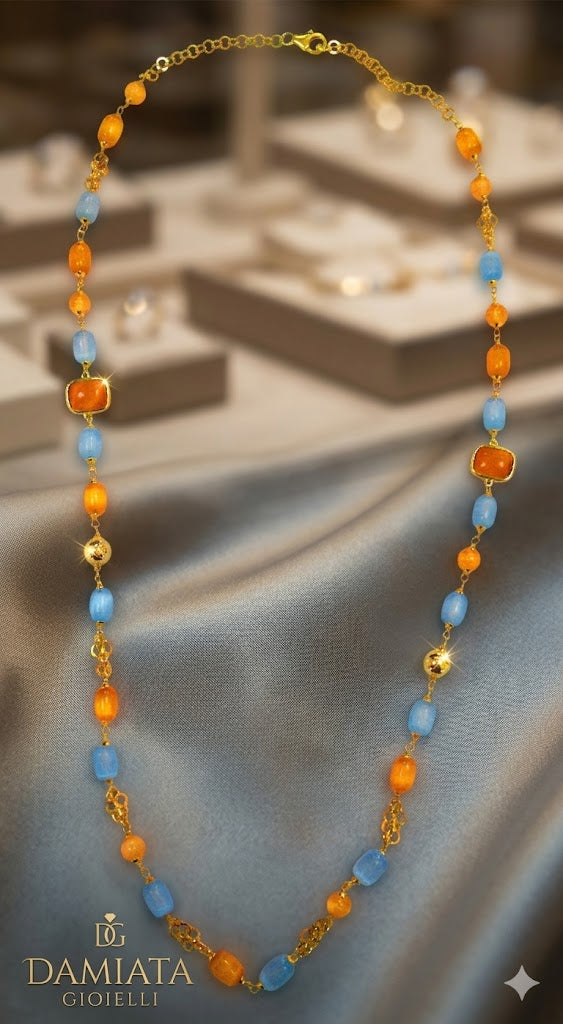 Collana donna Morfea Gioielli in ottone con quarzi arancio e celesti ref. CL0001AC