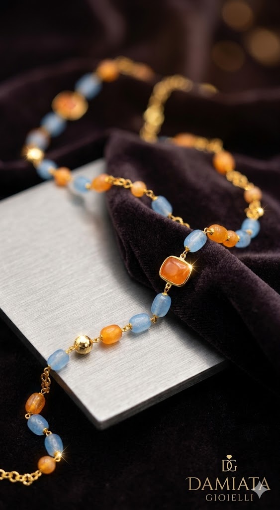 Collana donna Morfea Gioielli in ottone con quarzi arancio e celesti ref. CL0001AC