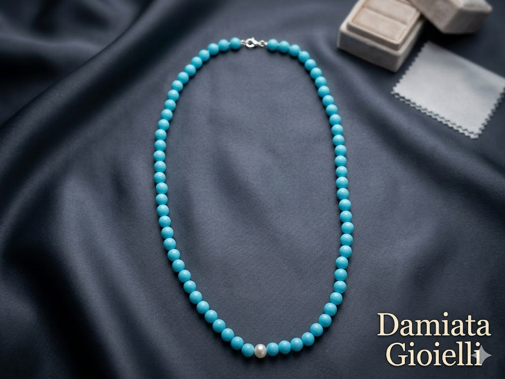 Collana donna Orelù filo di turchese e perla con chiusura in argento ref. CL0001PDTP