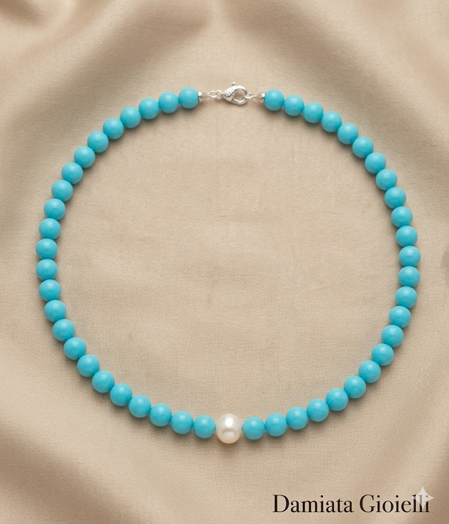 Collana donna Orelù filo di turchese e perla con chiusura in argento 925% ref. CL0001PDTP