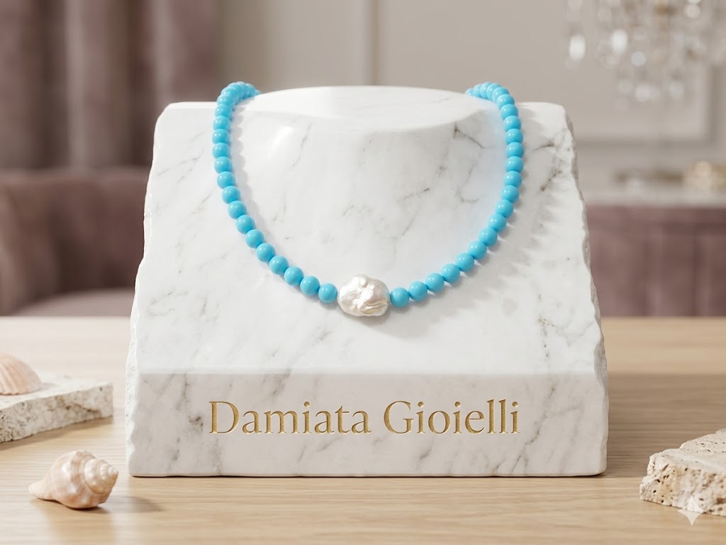 Collana donna Orelù filo di turchese e perla barocca, chiusura in argento ref. CLBAR