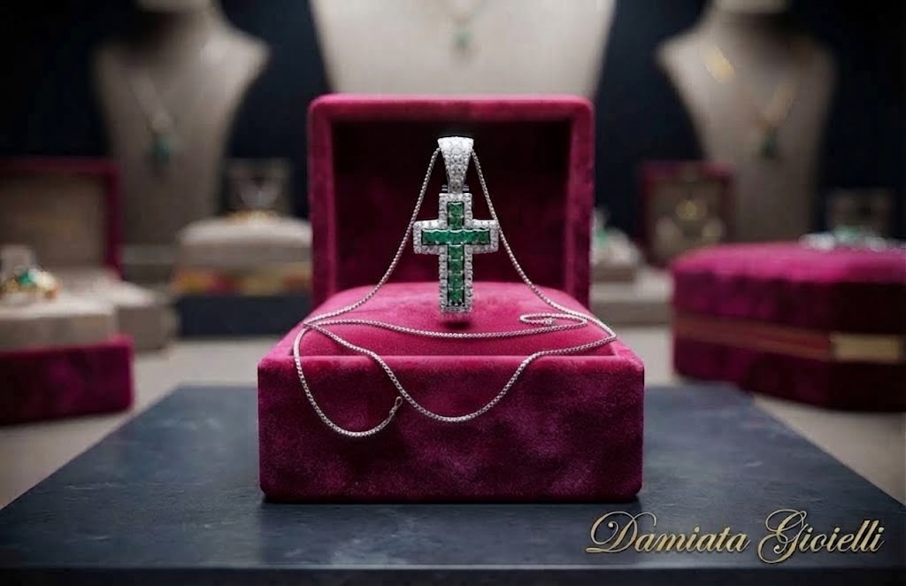 Collana con croce Orelù in oro bianco, smeraldi e diamanti di 0,28 carati ref. EEZMMTZ