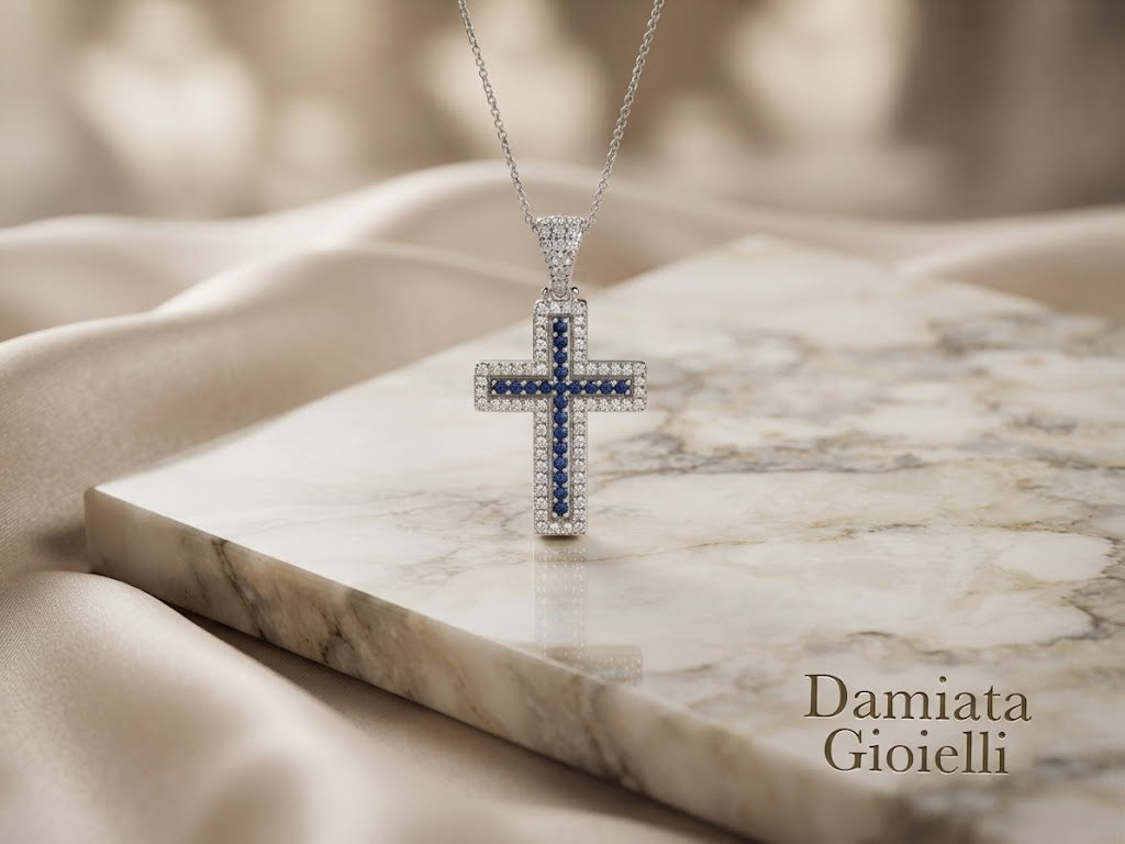 Collana con croce donna Orelù in oro bianco, zaffiri e diamanti di 0,35 carati ref. FE45MAN