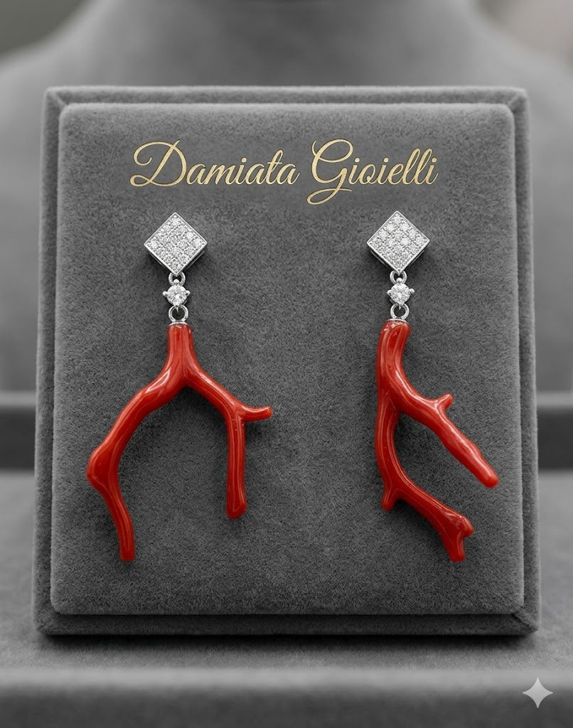 Orecchini pendenti donna Orelù in argento, zirconi e corallo rosso OR0001RC