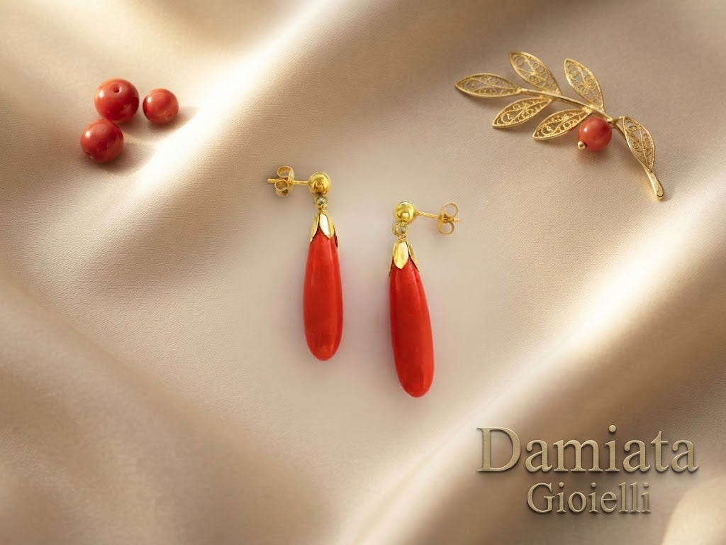 Orecchini pendenti donna Orelù Gioielli in oro giallo e corallo rosso ref. OR0001CR