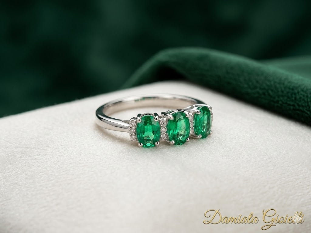 Anello donna Orelù in oro bianco con diamanti e smeraldi ref. ORE5