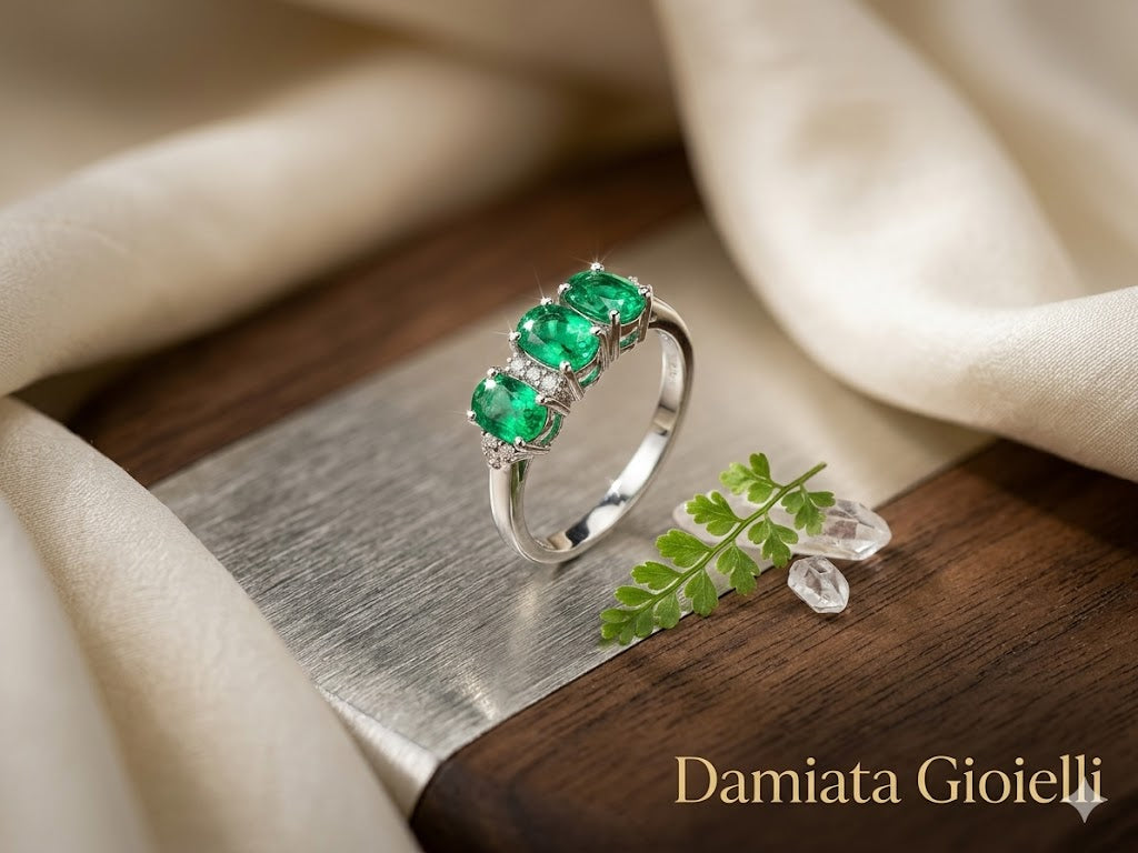 Anello donna Orelù in oro bianco con diamanti e smeraldi ref. ORE5