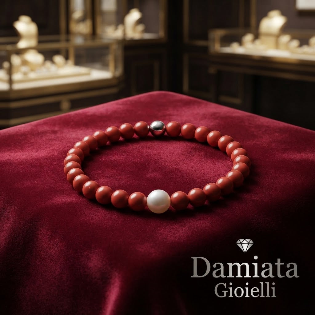 Bracciale elastico donna Miluna in argento 925%, pasta di corallo rosso e perla ref. PBR3208