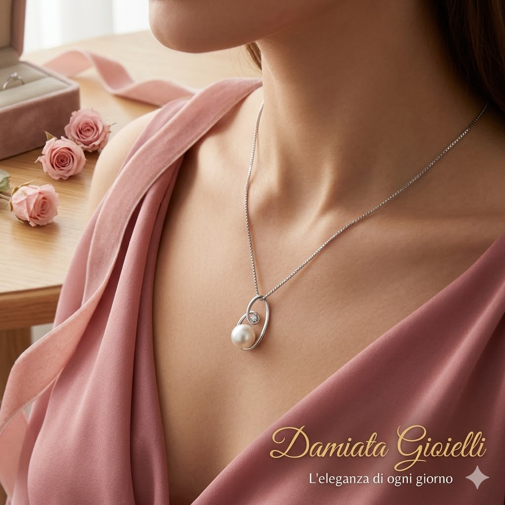 Collana donna Nimei in oro bianco, diamante e perla PCL1162