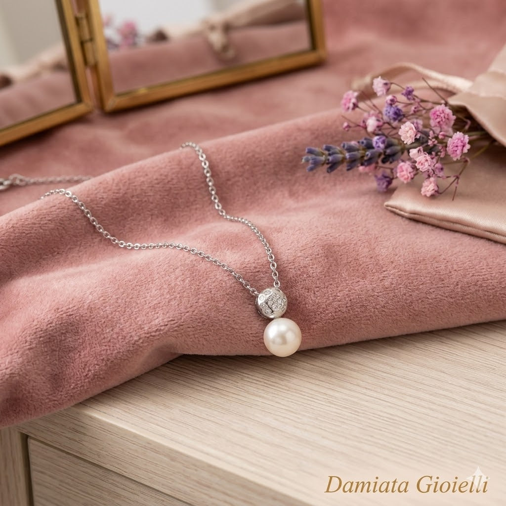 Collana donna Nimei in oro bianco, diamanti e perla AKOYA PCL924