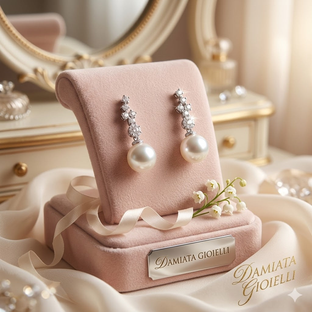 Orecchini pendenti donna Nimei in oro bianco, diamanti e perle PER1576