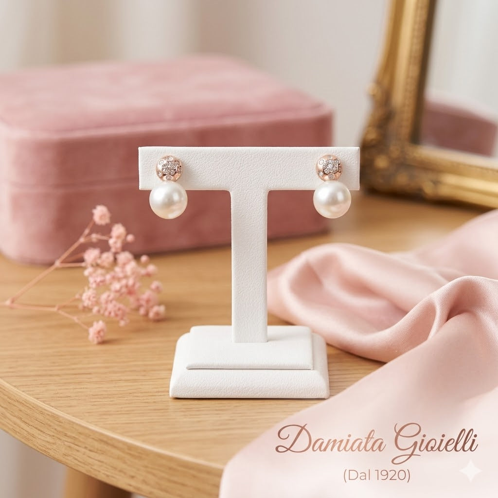 Orecchini pendente donna Nimei in oro bianco, diamanti e perle PER9