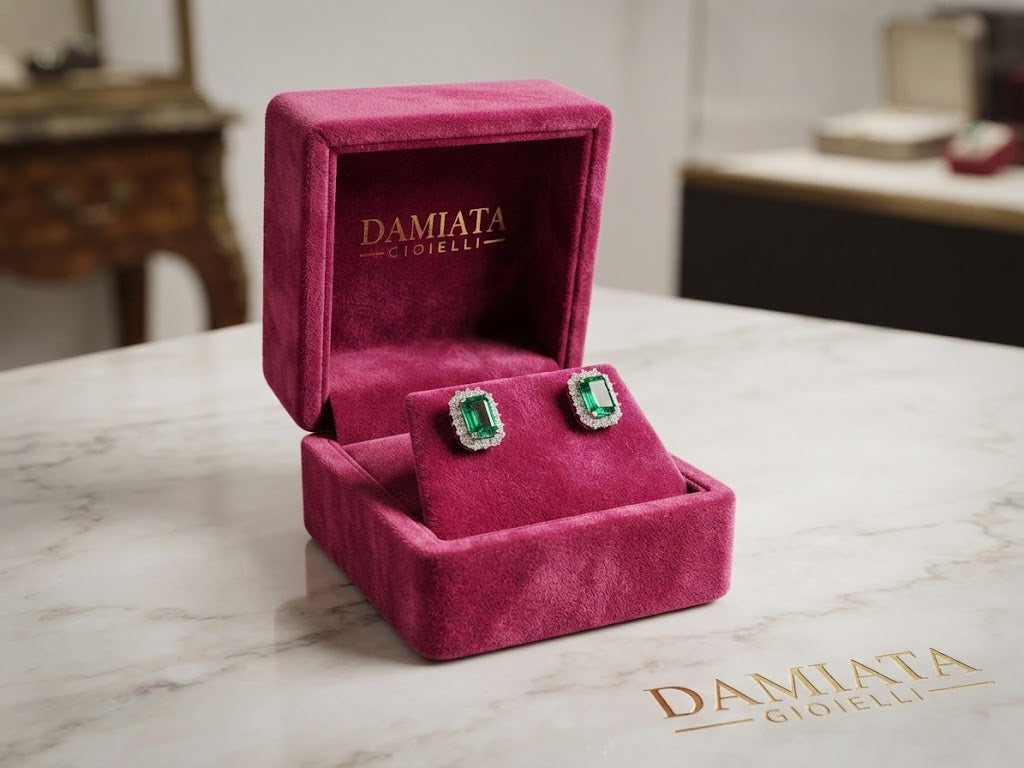 Orecchini donna Orelù in oro bianco con smeraldi e diamanti di 0,80 carati ref. TRAEXCA